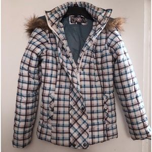 White Plaid Faux Fur Hooded Puffer Snowboarding